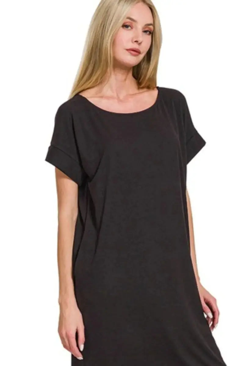 Zenana Rolled Short Sleeve Round Neck Dress for Women - Love Salve
